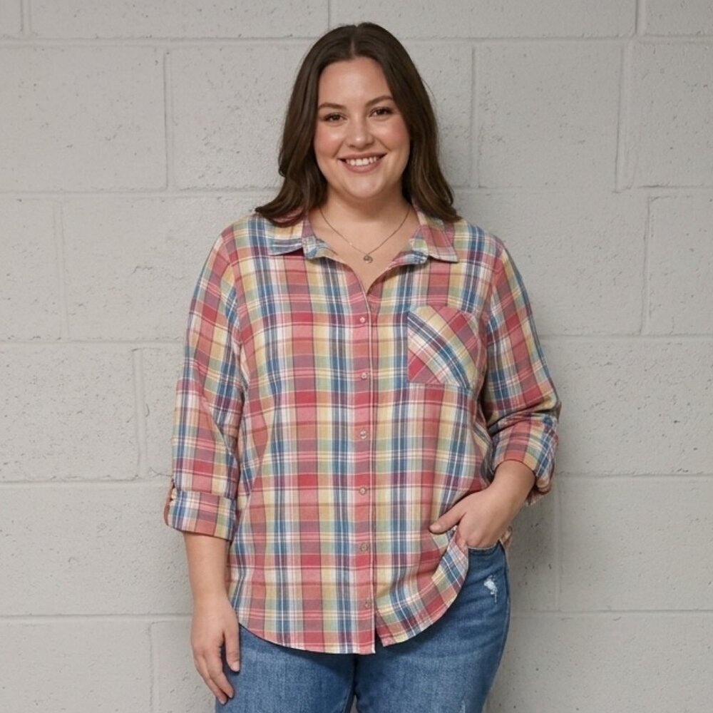 Robert Louis Colorful Plaid Button Down Shirt Size 2X, 100% Cotton, NWT